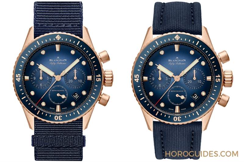 BLANCPAIN - 18K紅金藍面、23級鈦灰面，Blancpain五十噚深潛器飛返計時碼表兩款延伸新作