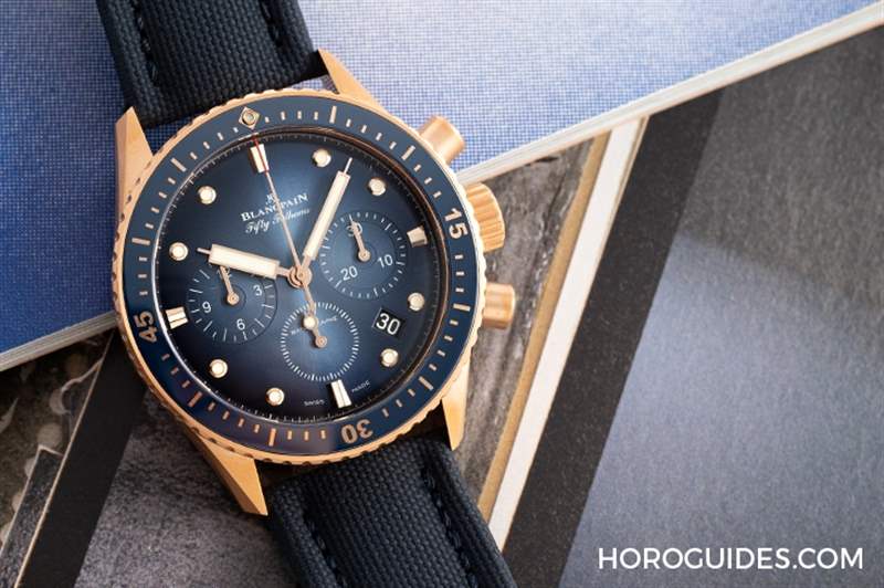 BLANCPAIN - 18K紅金藍面、23級鈦灰面，Blancpain五十噚深潛器飛返計時碼表兩款延伸新作