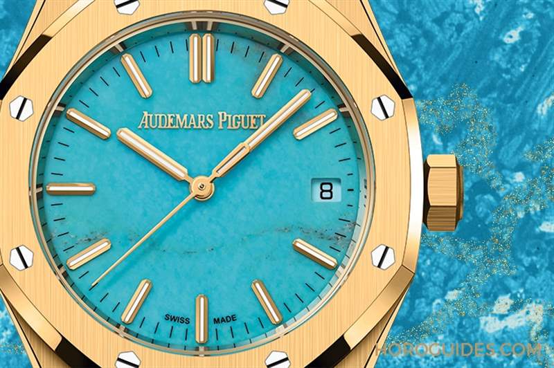 愛彼Royal Oak皇家橡樹自動上鏈腕表，黃金表殼搭配天然綠松石表面-復(fù)刻表