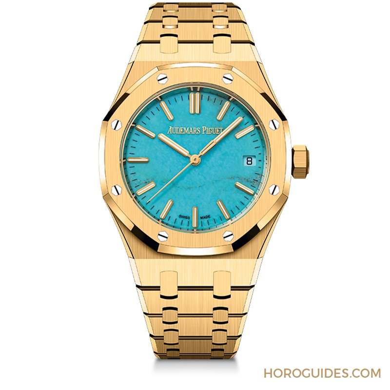 愛彼Royal Oak皇家橡樹自動上鏈腕表，黃金表殼搭配天然綠松石表面-復(fù)刻表